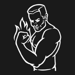 Male bodybuilder flexing his biceps. Outline silhouette. Design element. Vector illustration isolated on white background. Template for books, stickers, posters, cards, clothes.