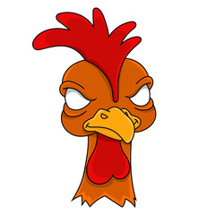 Angry rooster. Displeased poultry. Team mascot. Cartoon style. Colored vector illustration.