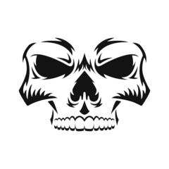 Human skull. Black silhouette. Design element. Hand drawn sketch. Vintage style. Vector illustration isolated on white background.