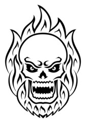 Angry skull with fire. Outline silhouette. Design element. Vector illustration isolated on white background. Template for books, stickers, posters, cards, clothes.