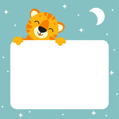 Gift color greeting card. Tiger sleep. Cute cartoon character. Animal holding white blank poster. Flat style. Vector illustration.