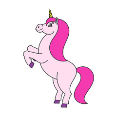 The magical unicorn reared up. The animal horse stands on its hind legs. Cartoon style. Simple flat vector illustration.