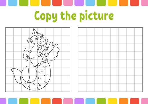 Copy the picture. Cute mermaid unicorn. Coloring book pages for kids. Education developing worksheet. Game for children. Handwriting practice. Funny character. Cute cartoon vector illustration.