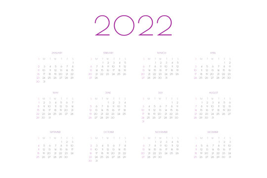 2022 calendar template individual planner in minimalist classic style. Week starts on sunday