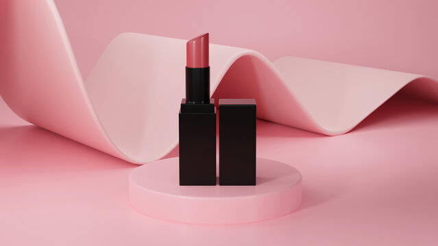 Women lipstick mockup on pink pedestal in stylish graphic pink background.