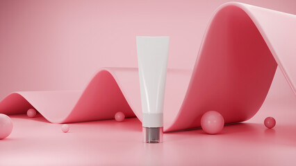 Skincare cosmetic white tube mockup stand on pink abstract background.