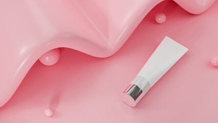 White tube mockup with pink graphic abstract shapes background.
