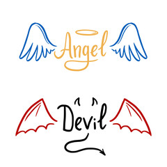 Angel and devil stylized vector illustration. Angel with wing, halo. Devil with wing and tail. Hand drawn line sketch style.