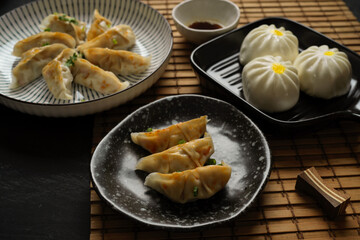Popular Japanese food, steamed Japanese gyoza dumplings with meat buns.