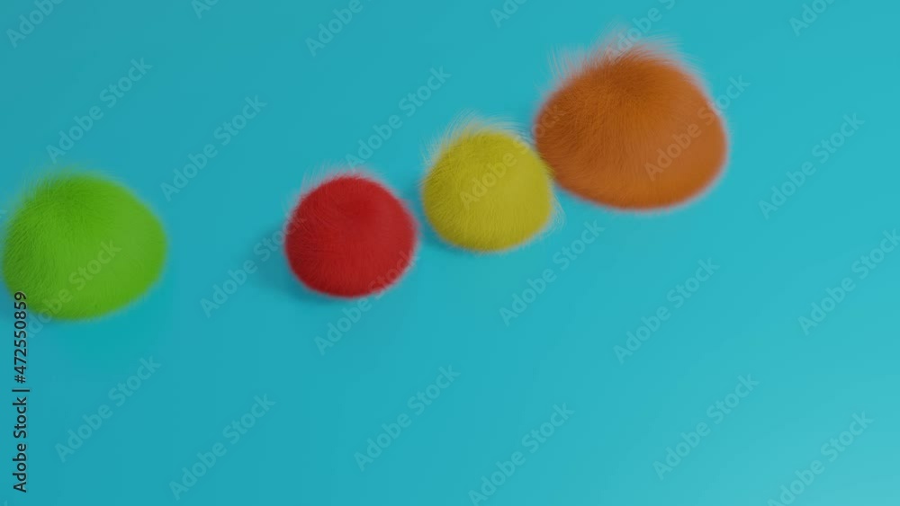 Poster multicolored fur balls are slowly jumping on a blue background. abstract animation. 3d render