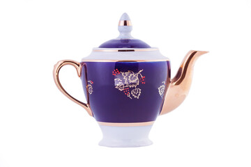 Ceramic vintage blue teapot with flower pattern isolated on white background