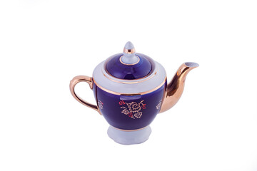 Ceramic vintage blue teapot with flower pattern isolated on white background