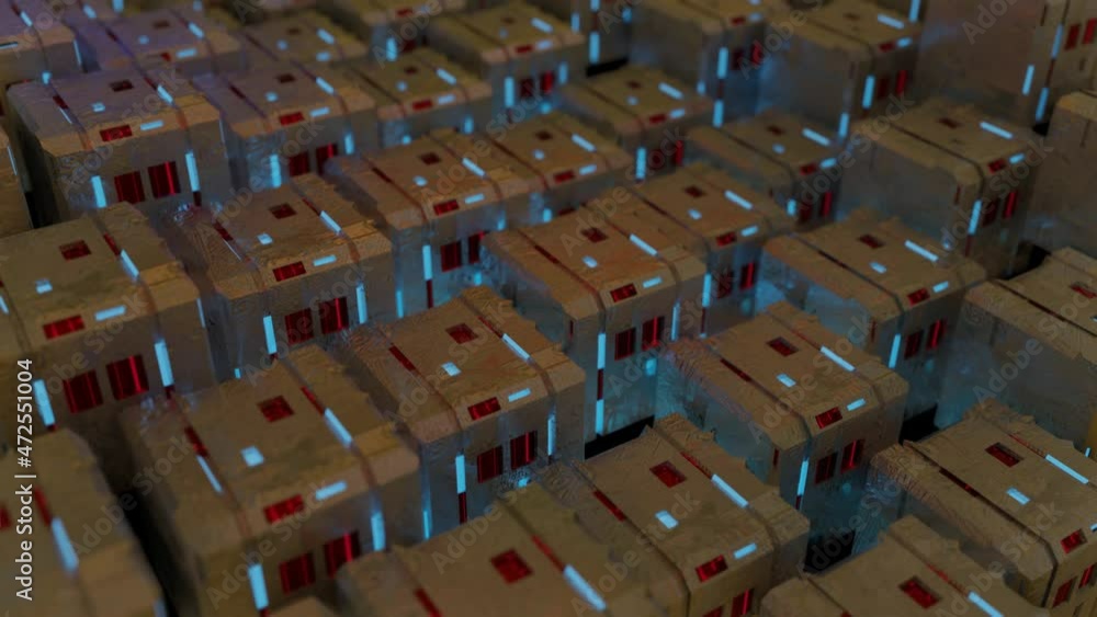 Poster background of moving metal cubes with texture and glow. abstract animation. 3d render