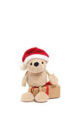 Little cute soft bear in Santa Claus hat is sitting on gift box.Isolate on white background.