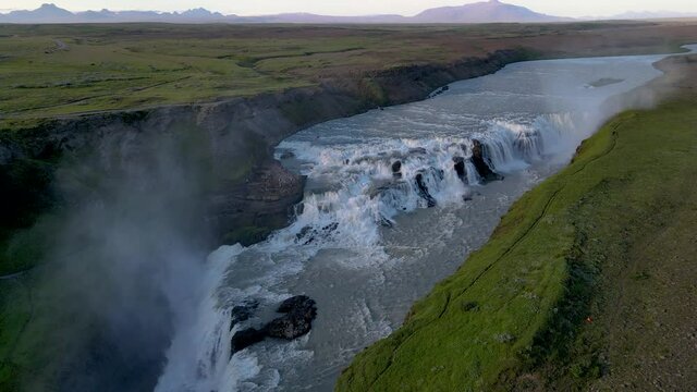Beautiful cinematic aerial view of Iceland Gullfoss waterfall in the Golden Circule