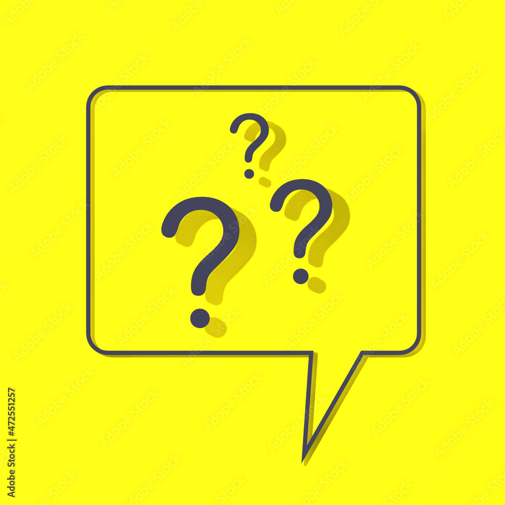 Aufkleber question mark with shadow on yellow background. square image. 3d image. 3d rendering.
