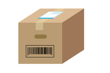 バーコードと送り状がついたダンボール　荷造りされた段ボールのイラスト　メトリック投影法　carton illustration