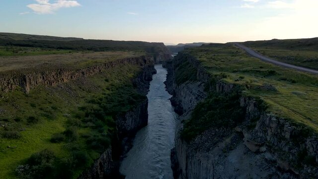 Beautiful cinematic aerial view of Iceland Gullfoss waterfall in the Golden Circule