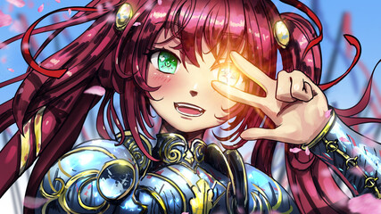 A joyful anime-style girl with long red hair with pigtails, she smiles broadly and shows two fingers, she has different eyes, magical yellow shining brightly and green, she is in plate armor. 2d art