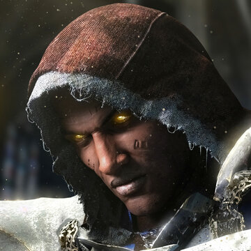 A portrait of a brutal black warrior, he is a paladin with glowing eyes in a torn old hood and plate armor, He looks viciously from under his brows, burned ancient symbols on his face  3d rendering