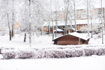 Snow-covered house in winter in the park