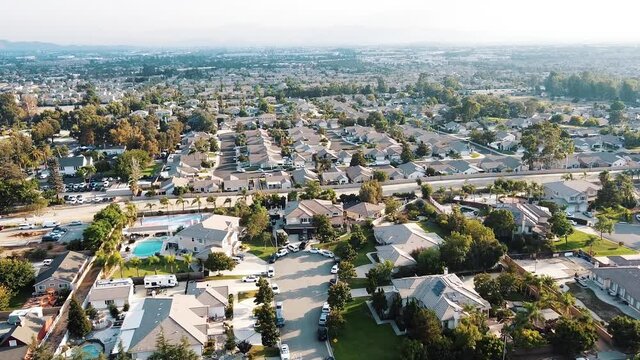 Aerial view of residential houses. American neighborhood and suburb from above. Rancho Cucamonga, CA.