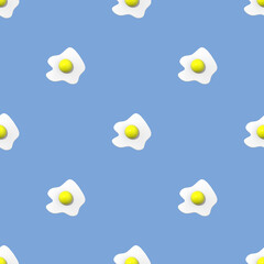 Seamless pattern. Image of chicken egg on pastel blue blue backgrounds. Egg with round yolk. Surface overlay pattern. 3D image. 3D rendering.