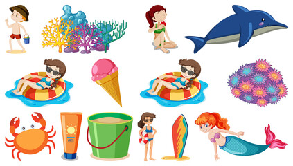 Set of summer beach objects and cartoon characters