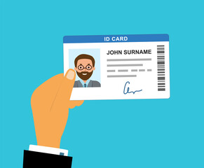 The hand holds the document identification card on blue background.