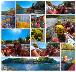 Collage about water rafting on r Kopryuchay river in Koprulu canyon, Turkey. Kopryuchay river and...