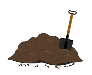 Pile of ground, manure or compost. shovel in a pile of ground.