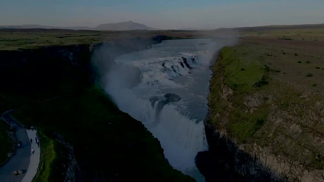 Beautiful cinematic aerial view of Iceland Gullfoss waterfall in the Golden Circule