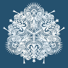 Paper snowflake with a depiction of a beautiful angel.  Trumpeting angel and a Christmas tree. Christmas decoration