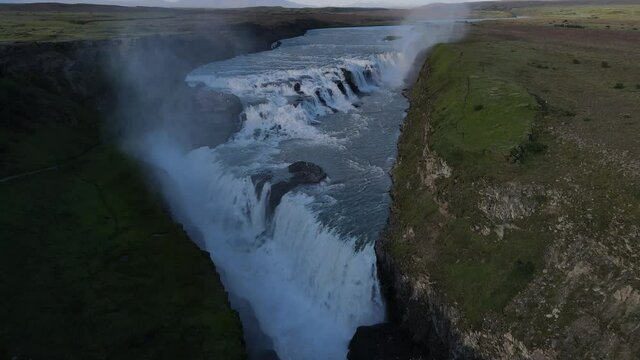 Beautiful cinematic aerial view of Iceland Gullfoss waterfall in the Golden Circule