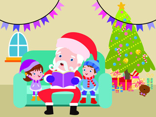 Obraz na płótnie Canvas Christmas vector concept. Santa claus reading a book to two little kids while sitting together on the couch