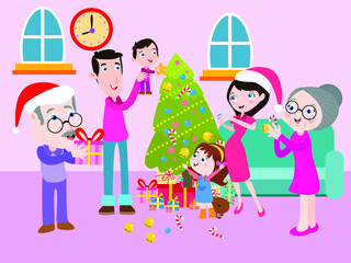 Christmas vector concept. Three generation family decorating Christmas tree together while enjoying leisure time at home