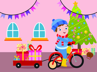 Christmas Avector concept. Cute little boy animation riding a bicycle while carrying Christmas gift in the living room at home