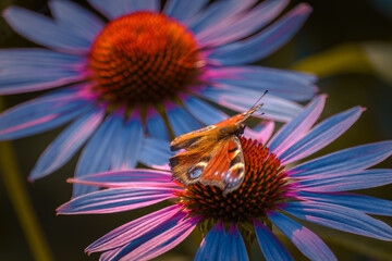 Kolorowy motyl pawie oczko rusałka pawik na kwiatku jeżówka w promieniach słońca