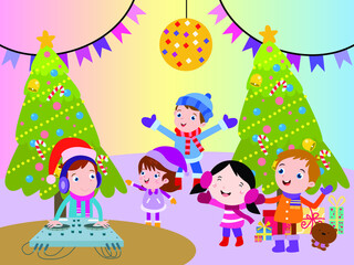 Obraz na płótnie Canvas Christmas vector concept. Group of teenager enjoying music from DJ while celebrating Christmas