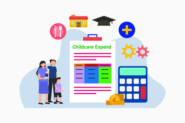 Childcare expenses vector concept. Young family looking at childcare expend form while standing with calculator and money