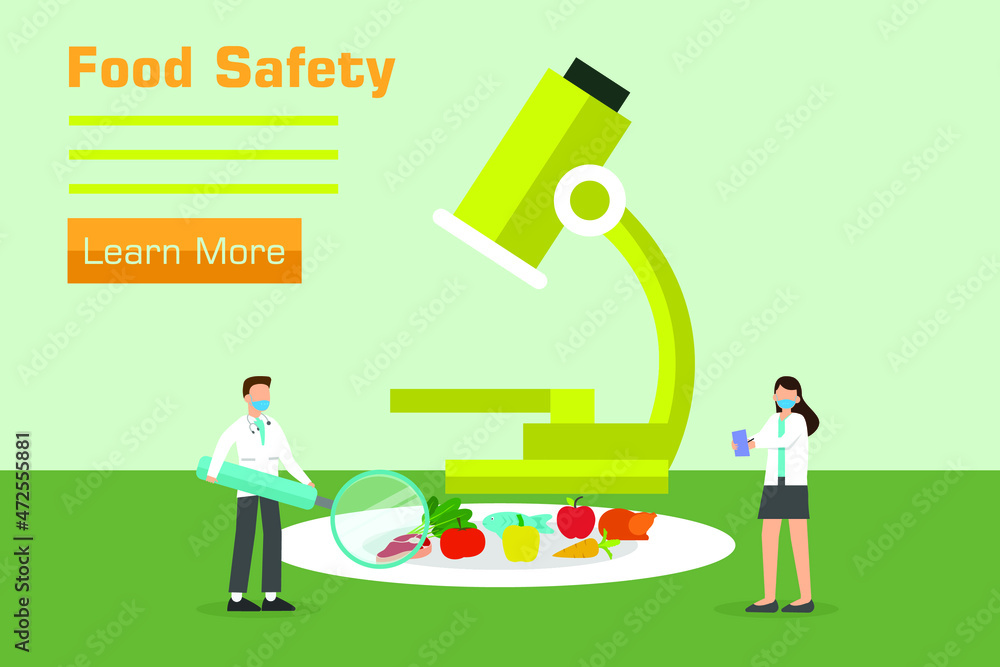 Wall mural food safety vector concept. two scientists using magnifier to checking at vegetables on the plate wh