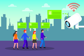 Face recognition vector concept. Crowded people scanned by modern CCTV with face recognition program