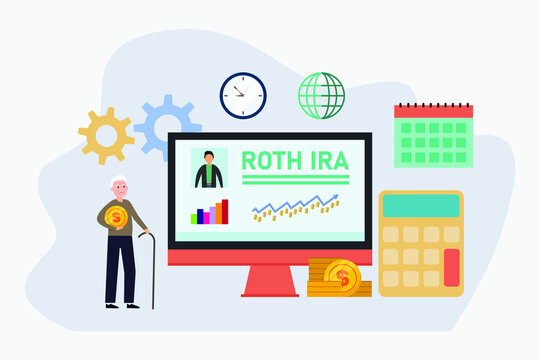 Retirement investment vector concept. Senior man looking at growth finance chart with ROTH IRA text on the monitor while holding coin