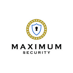 circle golden chain with shield and keyhole maximum security logo design