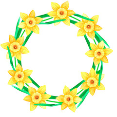 A wreath of daffodils. Watercolor vintage illustration. Isolated on a white background. For design.