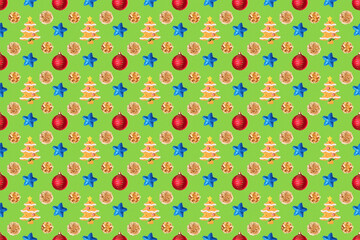 Seamless New Year's pattern from Christmas tree toy in form of spruce tree made of cookies, red balls, blue stars, golden cones on green background