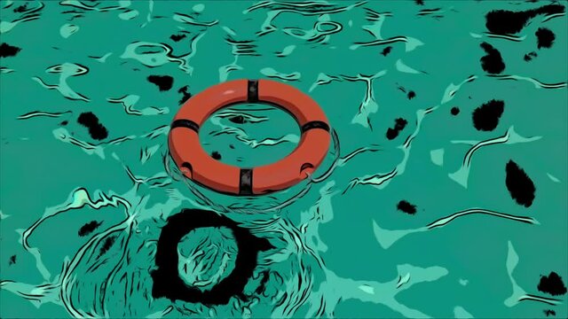 high angle view of an orange lifebuoy floating on clear water - life-saving and rescue concept - animated illustration