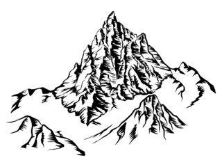snowy mountain hand drawing vector illustration. black and white.