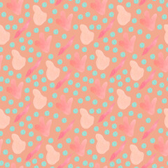 Seamless pattern with watercolor minimalist Shapes on Calming Coral background.Repeating,abstract print with hand drawn blotches.Design for wrapping paper,packaging,social media,textiles,fabric.