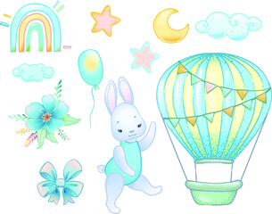 it's a boy, set of elements cute with bunny, rabbit illustration, hot air balloon, stars, rainbow